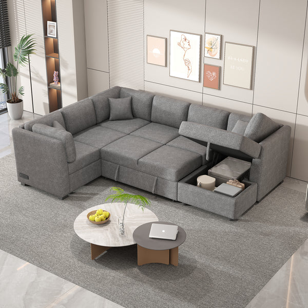 Sectional Sofa Pull out Sofa Bed with Two USB Ports, Two Power Sockets, Three Back Pillows and a Storage Chaise for Living Room, Light Gray