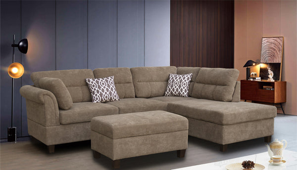 Brown Fabric Sectional Sofa with Right Facing Chaise, Storage Ottoman, and 2 Accent Pillows