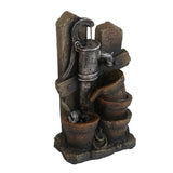 Brown and Gray Water Fountain with Antique Water Pump Design and LED Light