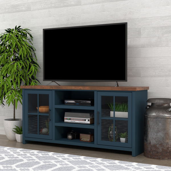 Devine 67 inch TV Stand Console for TVs up to 80 inches, No Assembly Required, Blue Denim and Whiskey Finish