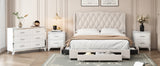 Queen Size Upholstered Bed with Three Drawers, High Gloss Mirrored Nightstands and Dresser with Metal handles and Legs