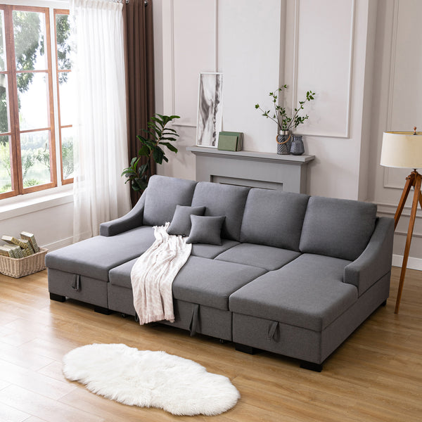 Grey Upholstered Sleeper Sectional Sofa with Double Storage Spaces