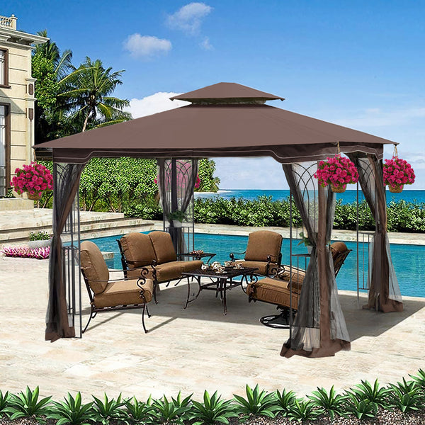 Brown 10x10 Outdoor Patio Gazebo Canopy Tent With Ventilated Double Roof - mesh screen