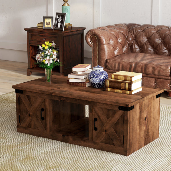 Brown Fully Solid Wood Assembled Aged Whiskey Coffee Table