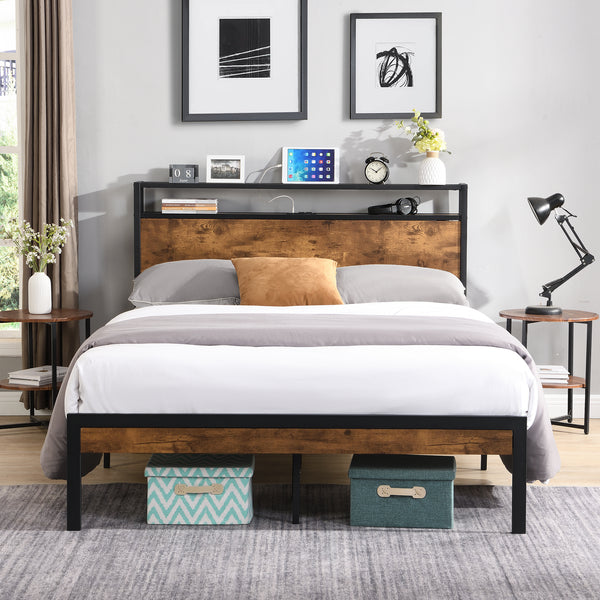 Queen Size  Metal Platform Bed Frame with Wooden Headboard and Footboard