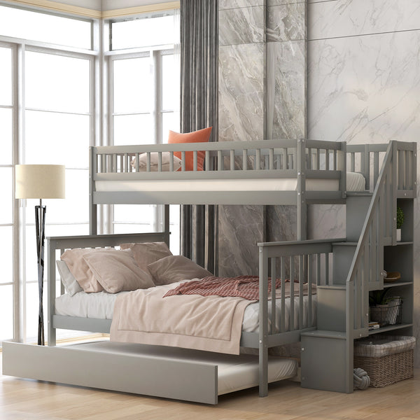 Twin over Full Bunk Bed with Trundle and Staircase Gray
