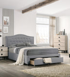 Light Grey Burlap Fabric 1pcs Queen Size Bed w Drawer Button Tufted Arch Design Headboard Storage FB Bedframe Bedroom Furniture