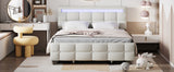 Queen Size Upholstered Platform Bed with LED Frame and 4 Drawers, Linen Fabric