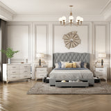 Queen 4-Piece Bedroom Set with Three Drawers, High Gloss Mirrored Nightstands and Dresser
