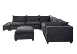 Dark Gray Fabric 7Pc Modular Sectional Sofa with Ottoman and USB Storage Console Table