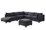 Dark Gray Fabric 7Pc Modular Sectional Sofa with Ottoman and USB Storage Console Table