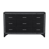Pearl Black Metallic Finish Dresser 9 Drawers Silver Glitter Trim
