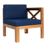 Outdoor Backyard Patio Wood 5-Piece Sectional Sofa Seating Group Set with Cushions, Natural Finish+ Blue Cushions