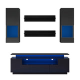 Black Stylish Functional TV stand, 5 Pieces Floating TV Stand Set, High Gloss Wall Mounted Entertainment Center with 16-color LED Light Strips for 75+ inch TV, Black