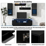 Black Stylish Functional TV stand, 5 Pieces Floating TV Stand Set, High Gloss Wall Mounted Entertainment Center with 16-color LED Light Strips for 75+ inch TV, Black