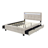 Queen Size Upholstered Platform Bed with LED Frame and 4 Drawers, Linen Fabric
