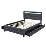Queen Size Upholstered Platform Bed with LED Frame and 4 Drawers, Linen Fabric