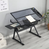 Black adjustable tempered glass drafting printing table with chair