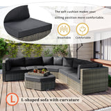 6 Piece Outdoor Conversation Set All Weather Wicker Sectional Sofa with Ottoman and Cushions and Small Trays