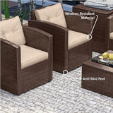 6 Piece Storage Table Patio Furniture Wicker Conversation Set, Brown Wicker / Beige