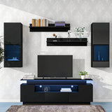 Black Stylish Functional TV stand, 5 Pieces Floating TV Stand Set, High Gloss Wall Mounted Entertainment Center with 16-color LED Light Strips for 75+ inch TV, Black