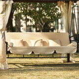 Beige Outdoor Gazebo with Convertible Swing Bench, Double Roof Soft Canopy