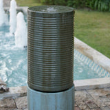 Antique Green Tall Large Round Green Ribbed Tower Water Fountain, Verge Bronze, Cement Outdoor Bird Feeder / Bath Fountain