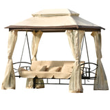 Beige Outdoor Gazebo with Convertible Swing Bench, Double Roof Soft Canopy