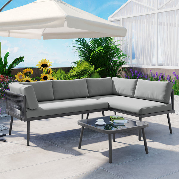 3-Piece PE Rattan Sofa Set All Weather Patio Metal Sectional Furniture Set with Cushions and Glass Table for Backyard, Poolside, Garden, Gray,L-Shaped