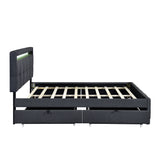 Queen Size Upholstered Platform Bed with LED Frame and 4 Drawers, Linen Fabric