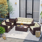 6 Piece Storage Table Patio Furniture Wicker Conversation Set, Brown Wicker / Beige