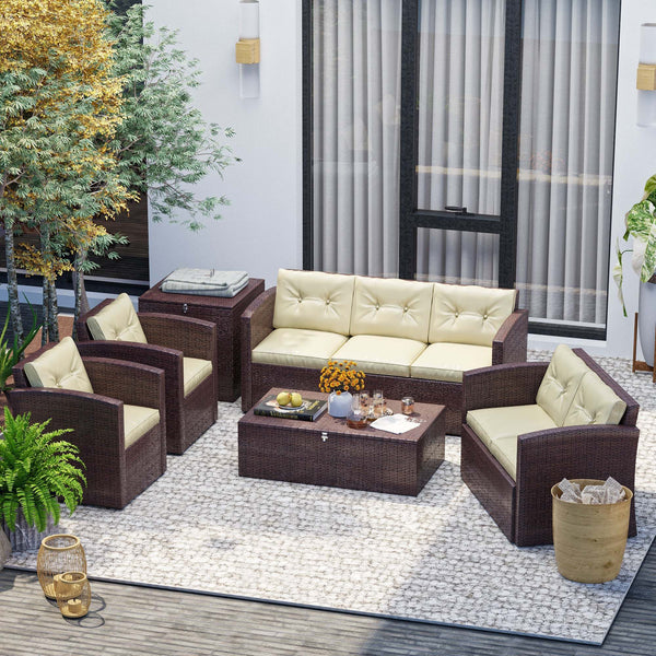 6 Piece Storage Table Patio Furniture Wicker Conversation Set, Brown Wicker / Beige