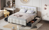 Queen Size Upholstered Platform Bed with LED Frame and 4 Drawers, Linen Fabric