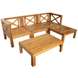 Outdoor Backyard Patio Wood 5-Piece Sectional Sofa Seating Group Set with Cushions, Natural Finish+ Blue Cushions
