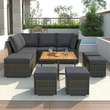 Patio Furniture Set, 10 Piece Outdoor Conversation Set, CoffeeTable with Ottomans, Solid wood coffee table