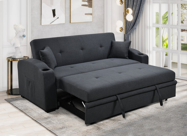 Pull Out 3 in 1 Convertible Modern Sofa Sleepert, Cup Holders, Pillows and Pockets