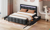 Queen Size Upholstered Platform Bed with LED Frame and 4 Drawers, Linen Fabric