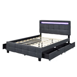 Queen Size Upholstered Platform Bed with LED Frame and 4 Drawers, Linen Fabric