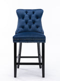 Contemporary Velvet Upholstered Barstools with Button Tufted Decoration and Wooden Legs, and Chrome Nailhead Trim, Leisure Style Bar Chairs,Bar stools, Set of 2 (Blue)