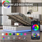 Queen Upholstered Platform Bed with Hydraulic Storage System - Storage Bed with LED Lights and USB charger, White