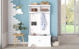 White Hall Tree with Storage Shoe Bench for Entryway and Hallway