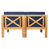Outdoor Backyard Patio Wood 5-Piece Sectional Sofa Seating Group Set with Cushions, Natural Finish+ Blue Cushions