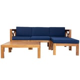 Outdoor Backyard Patio Wood 5-Piece Sectional Sofa Seating Group Set with Cushions, Natural Finish+ Blue Cushions