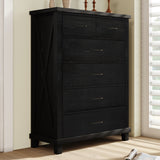 Rustic Farmhouse Style 6 Pieces Bedroom Sets Blackwash Queen Bed with 2 Drawers, Nightstand*2, Chest, Dresser and Mirror, Coffee