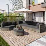 6 Piece Outdoor Conversation Set All Weather Wicker Sectional Sofa with Ottoman and Cushions and Small Trays