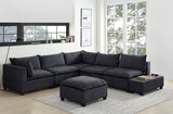 Dark Gray Fabric 7Pc Modular Sectional Sofa with Ottoman and USB Storage Console Table