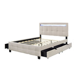 Queen Size Upholstered Platform Bed with LED Frame and 4 Drawers, Linen Fabric