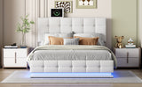 Queen Upholstered Platform Bed with Hydraulic Storage System - Storage Bed with LED Lights and USB charger, White