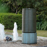 Antique Green Tall Large Round Green Ribbed Tower Water Fountain, Verge Bronze, Cement Outdoor Bird Feeder / Bath Fountain