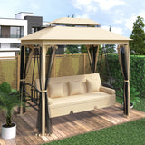 Khaki Outdoor Gazebo with Convertible Swing Bench, Double Roof Soft Canopy